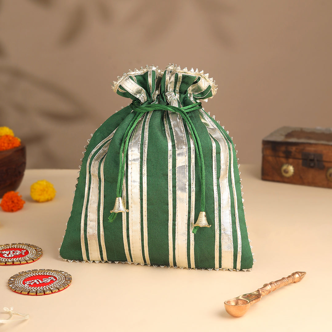 Brass Charan Paduka, Diya & Chowki Gift Festive Potli/Hamper