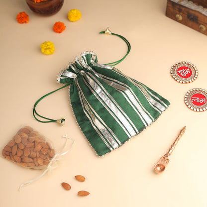 Brass Charan Paduka, Diya & Chowki Gift Festive Potli/Hamper