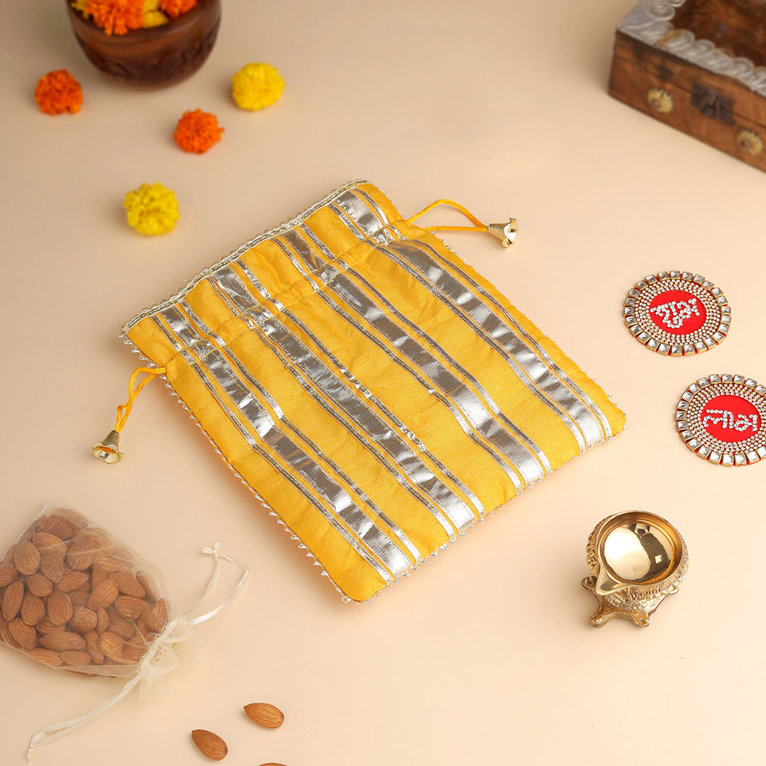 Brass Charan Paduka, Diya & Chowki Gift Festive Potli/Hamper