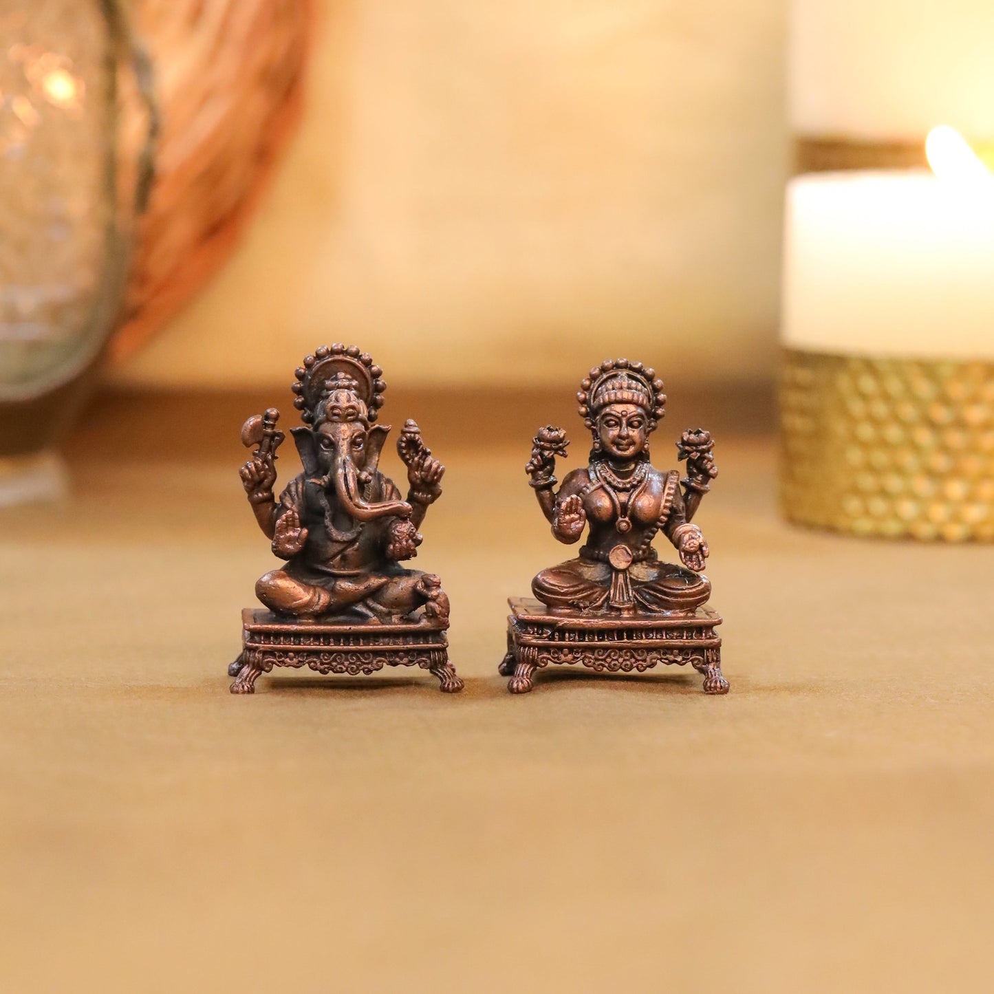 Copper Ganesha And Lakshmi Idols Set (2.5 Inch)