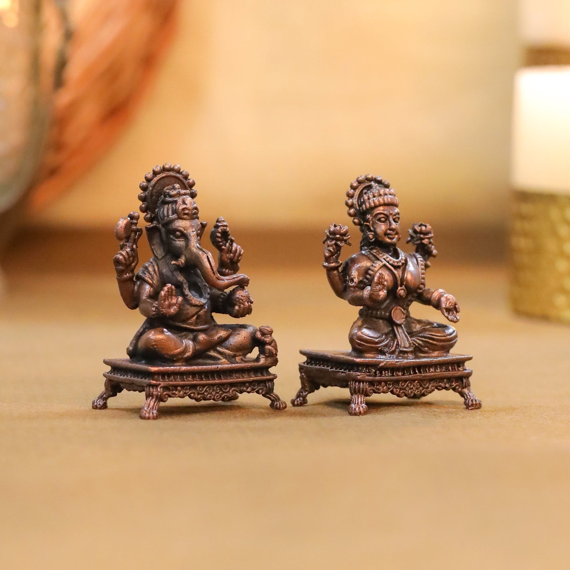 Copper Ganesha And Lakshmi Idols Set (2.5 Inch)