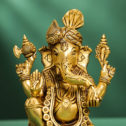 Brass Pagdi Ganesha On Chowki (10.5 Inch)