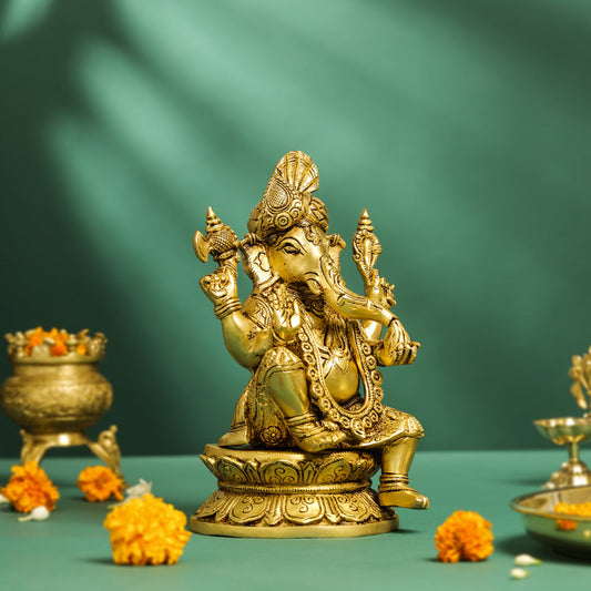 Brass Pagdi Ganesha On Chowki (10.5 Inch)