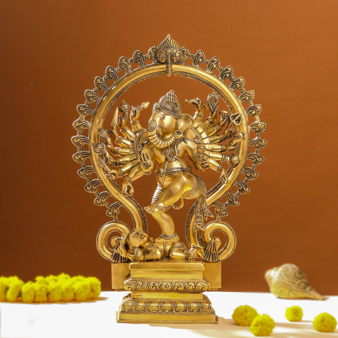 Brass Sixteen Armed Dancing Ganesha Idol (25.5 Inch)