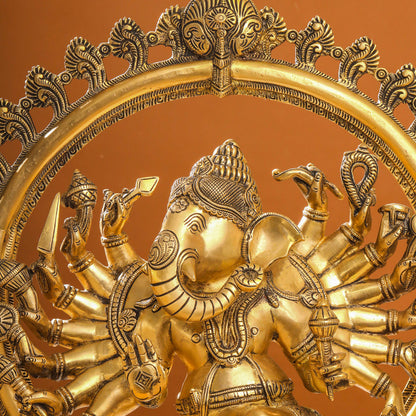 Brass Sixteen Armed Dancing Ganesha Idol (25.5 Inch)