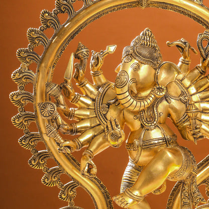 Brass Sixteen Armed Dancing Ganesha Idol (25.5 Inch)