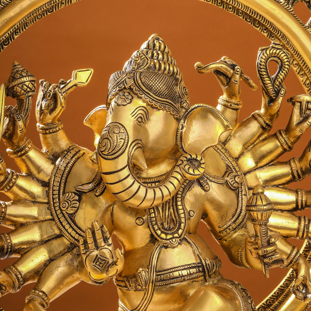 Brass Sixteen Armed Dancing Ganesha Idol (25.5 Inch)