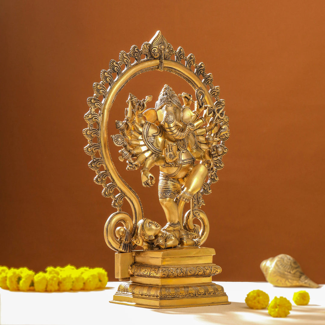 Brass Sixteen Armed Dancing Ganesha Idol (25.5 Inch)