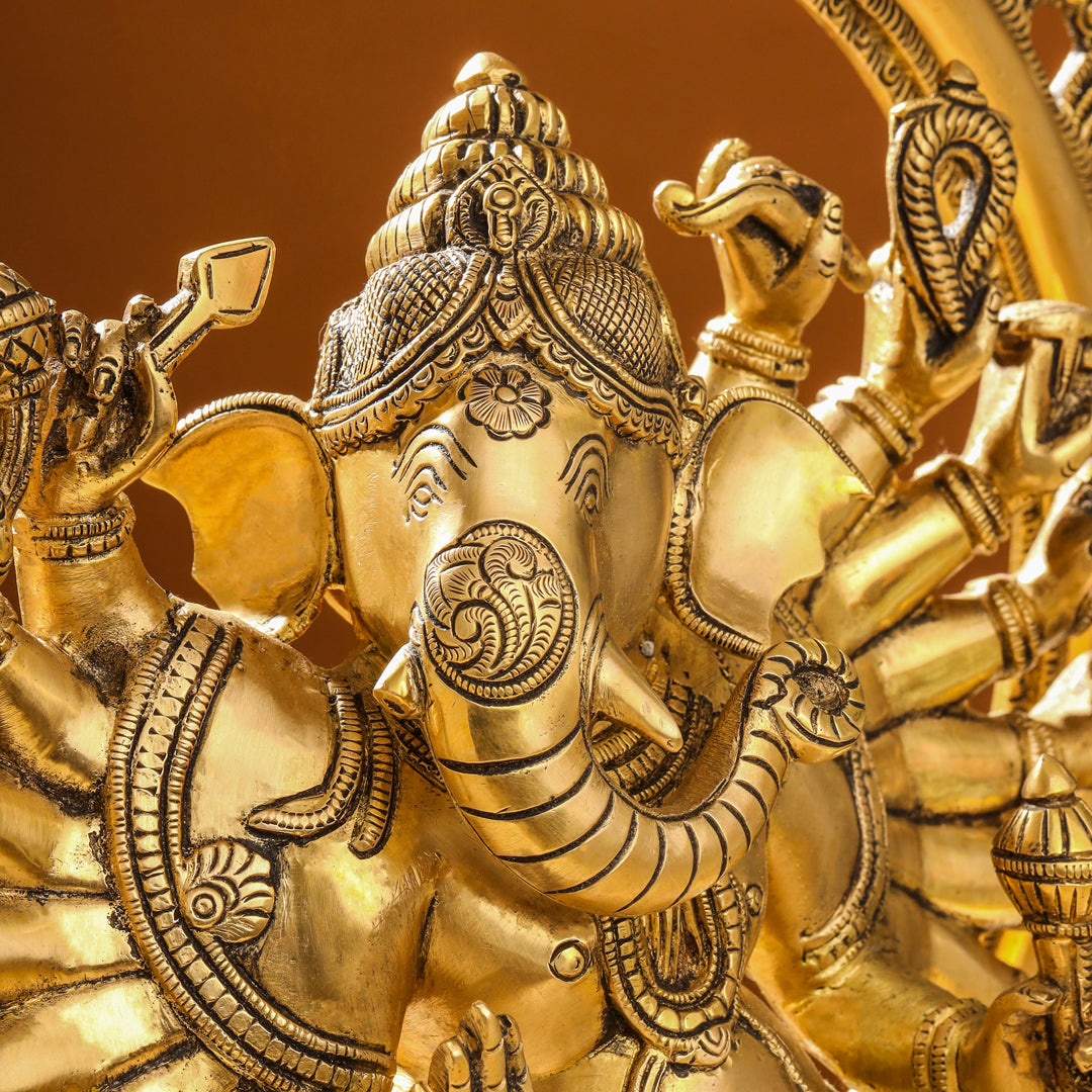 Brass Sixteen Armed Dancing Ganesha Idol (25.5 Inch)