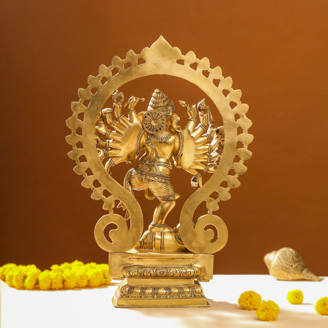 Brass Sixteen Armed Dancing Ganesha Idol (25.5 Inch)