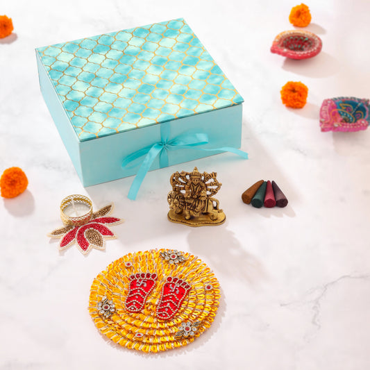 Brass Durga Idol, Charan Paduka Navaratri Pooja Gift Hamper