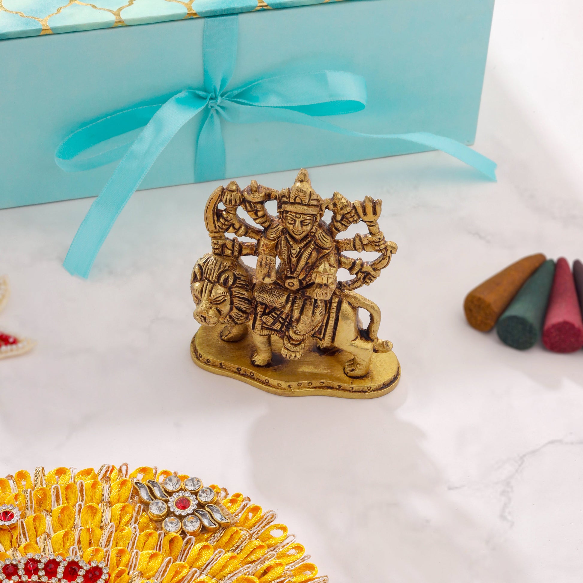 Brass Durga Idol, Charan Paduka Navaratri Pooja Gift Hamper