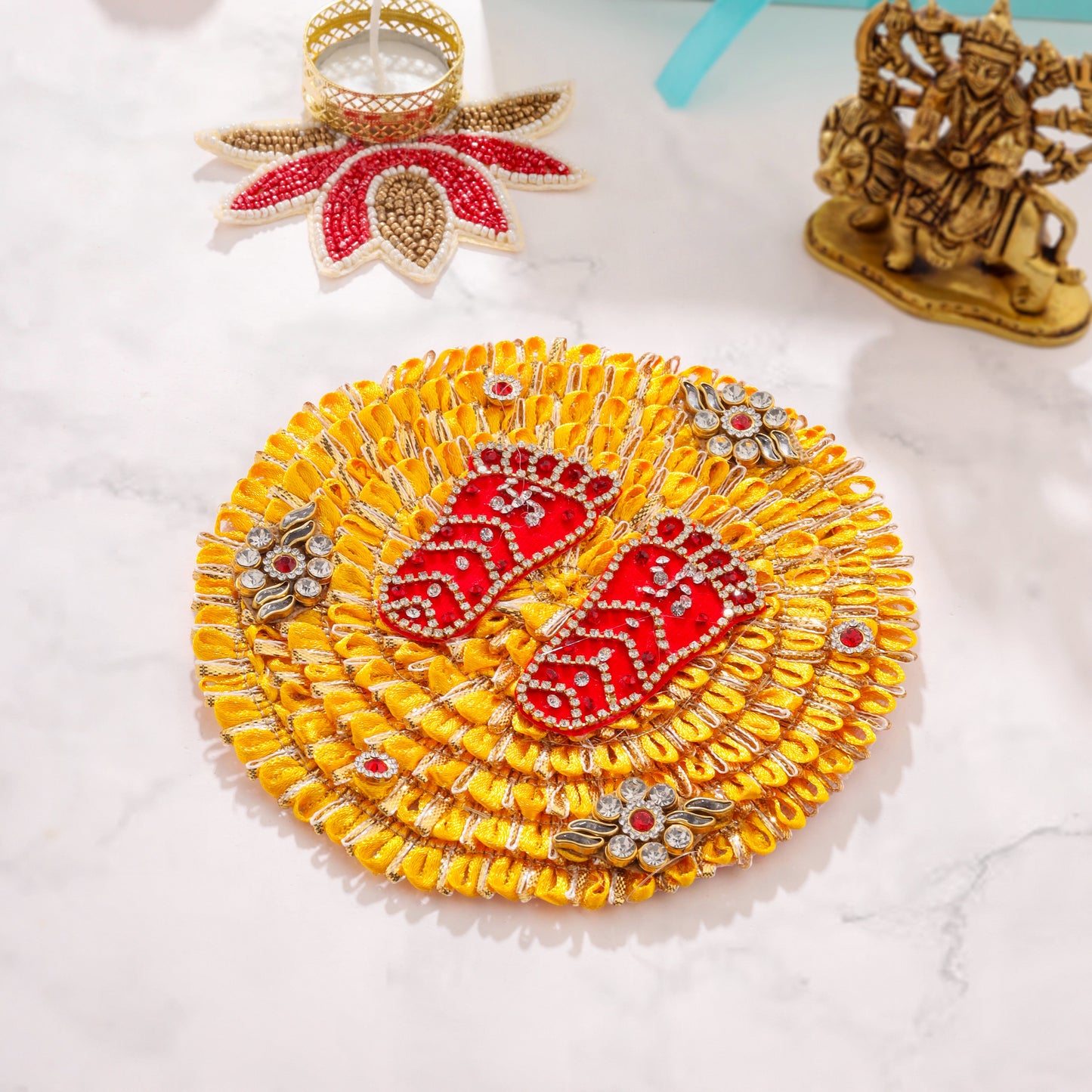 Brass Durga Idol, Charan Paduka Navaratri Pooja Gift Hamper