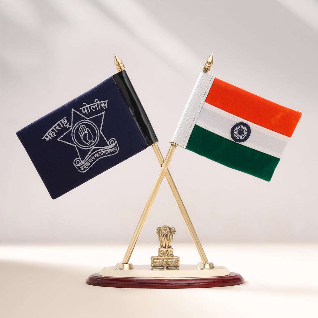 Brass Maharashtra & Kolkata Police Flags with Indian National Flag Stand (12 Inch)