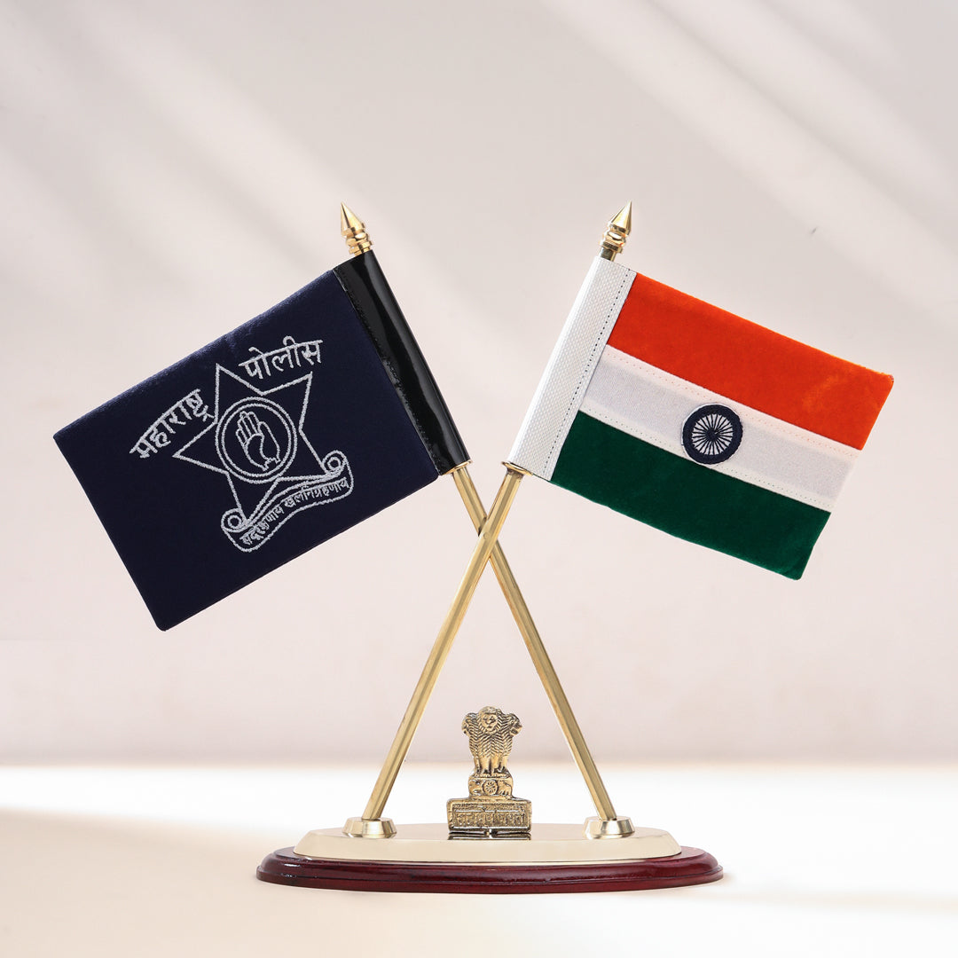 Brass National & Maharashtra Police Flag Stand (12 Inch)