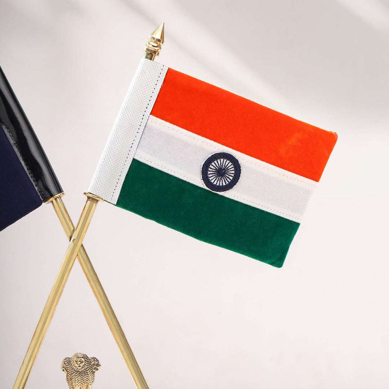 Brass Maharashtra & Kolkata Police Flags with Indian National Flag Stand (12 Inch)