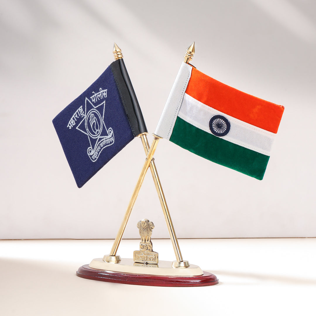 Brass National & Maharashtra Police Flag Stand (12 Inch)