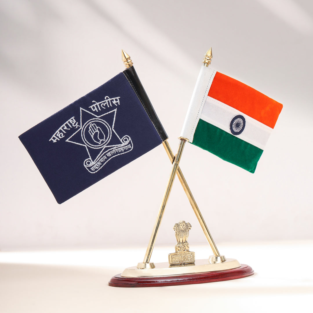 Brass National & Maharashtra Police Flag Stand (12 Inch)