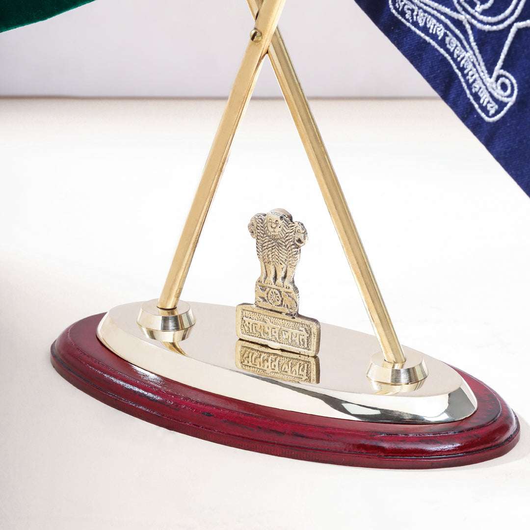 Brass Maharashtra & Kolkata Police Flags with Indian National Flag Stand (12 Inch)