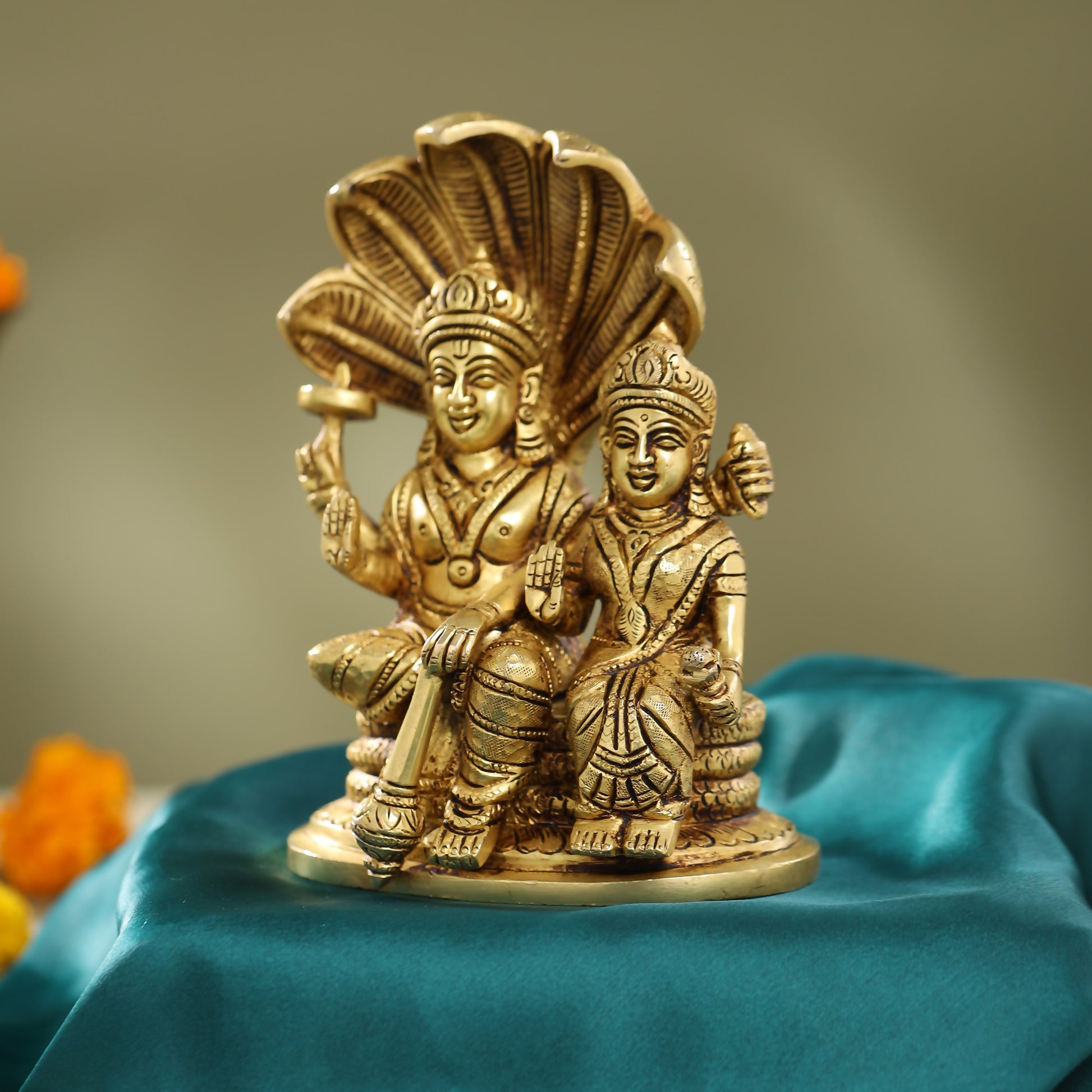 Brass Vishnu Lakshmi On Sheshnag Idol (6.5 Inch)