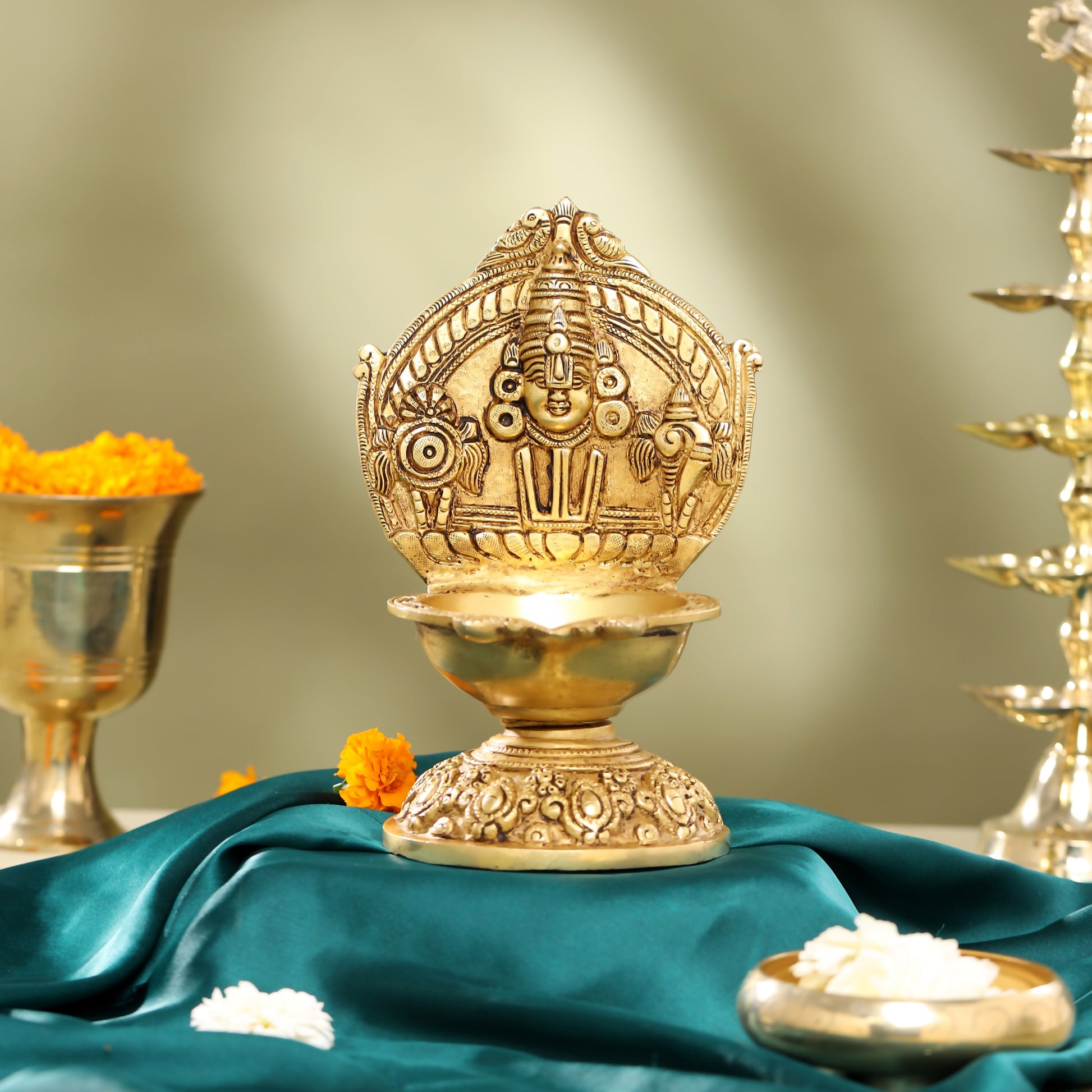 Brass Balaji Shankh Chakra And Namah Diya (9.5 Inch)