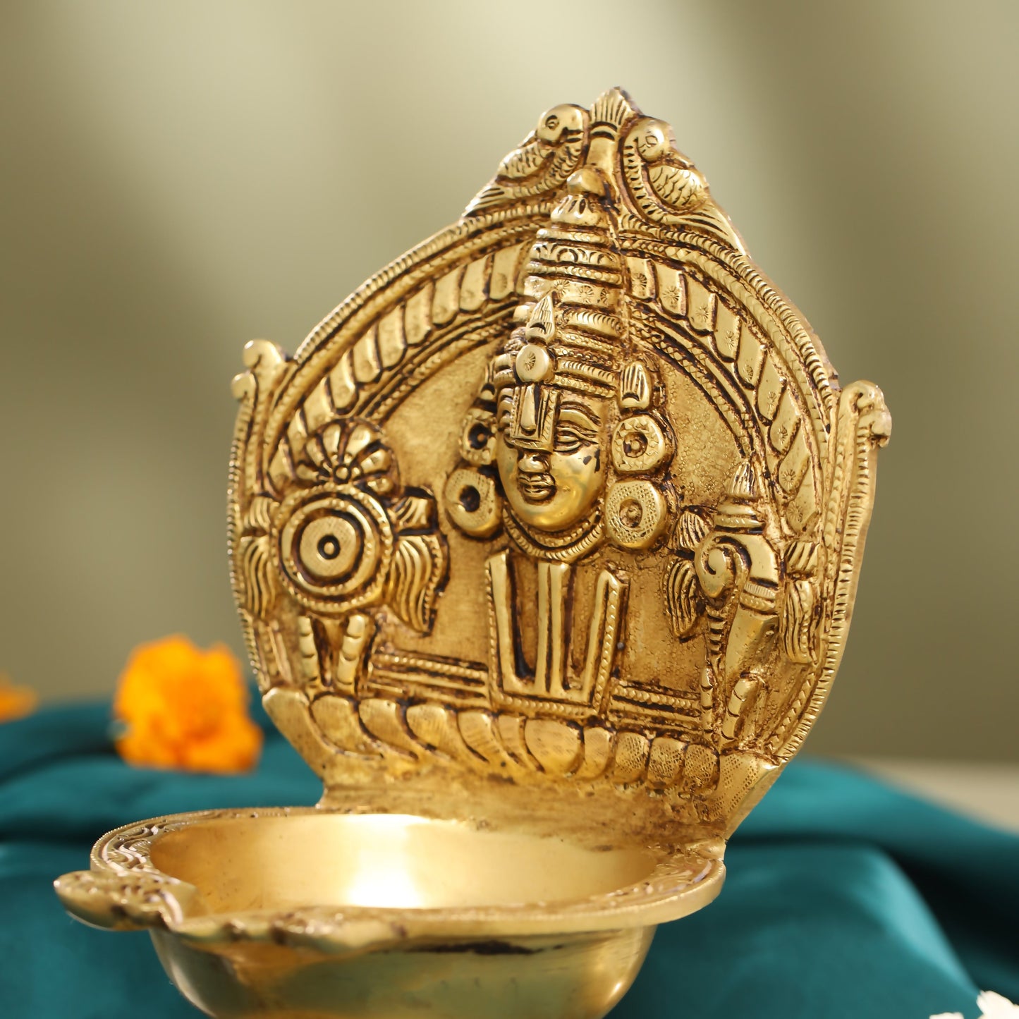 Brass Balaji Shankh Chakra And Namah Diya (9.5 Inch)