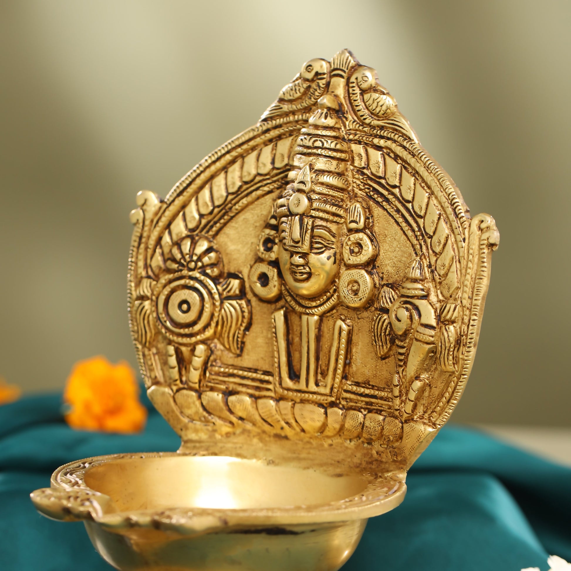 Brass Balaji Shankh Chakra And Namah Diya (9.5 Inch)