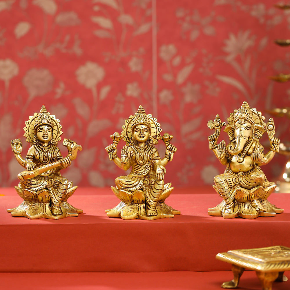 Brass Ganesha, Lakshmi, And Saraswati On Lotus Set (5.5 Inch)
