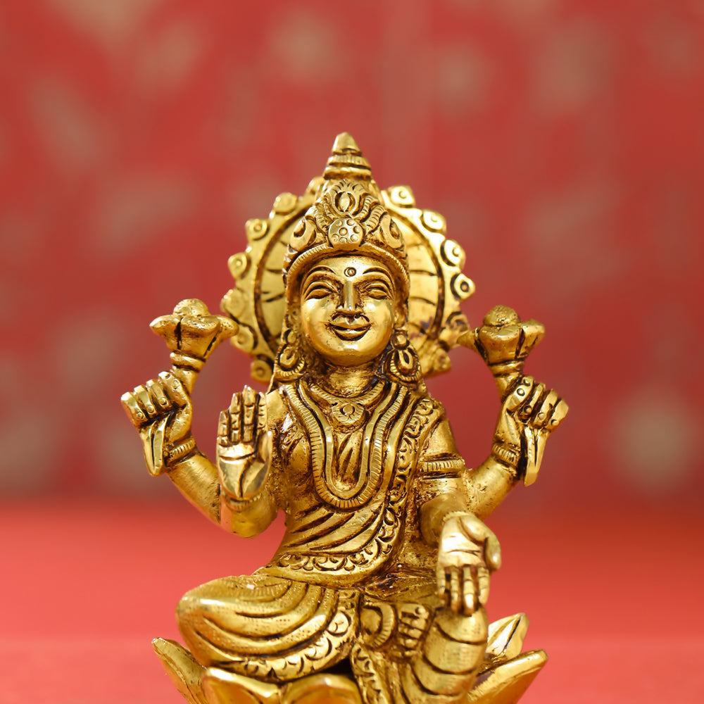 Brass Ganesha, Lakshmi, And Saraswati On Lotus Set (5.5 Inch)