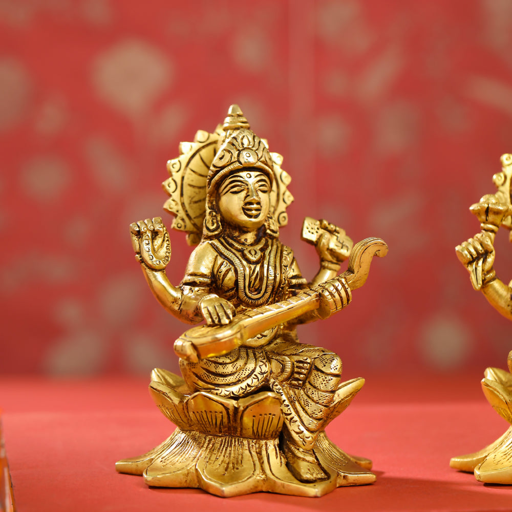 Brass Ganesha, Lakshmi, And Saraswati On Lotus Set (5.5 Inch)
