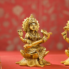 Brass Ganesha, Lakshmi, And Saraswati On Lotus Set (5.5 Inch)