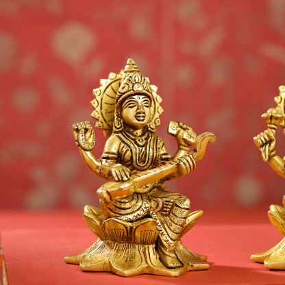 Brass Ganesha, Lakshmi, And Saraswati On Lotus Set (5.5 Inch)