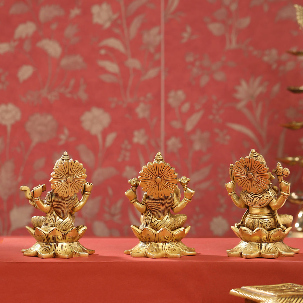 Brass Ganesha, Lakshmi, And Saraswati On Lotus Set (5.5 Inch)