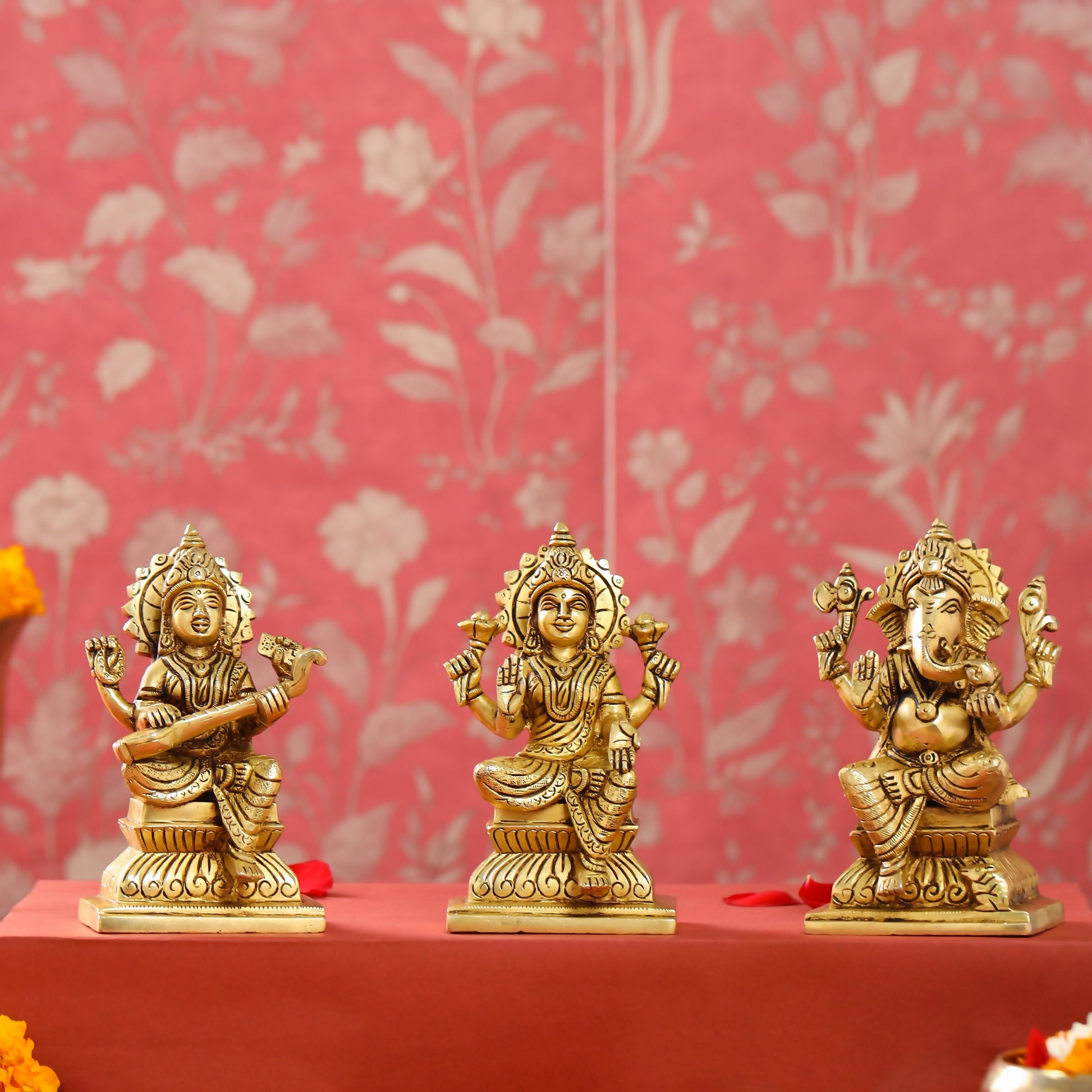Brass Ganesha Lakshmi And Saraswati Set (6 Inch)