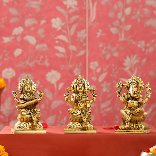 Brass Ganesha Lakshmi And Saraswati Set (6 Inch)