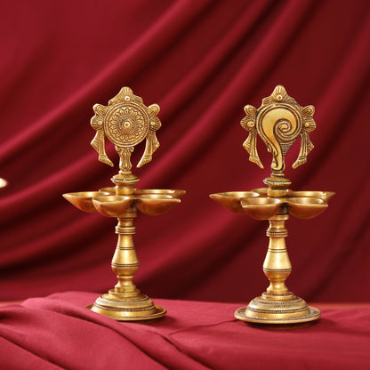 Brass Shankh Chakra Diya/Lamp Set (9 Inch)