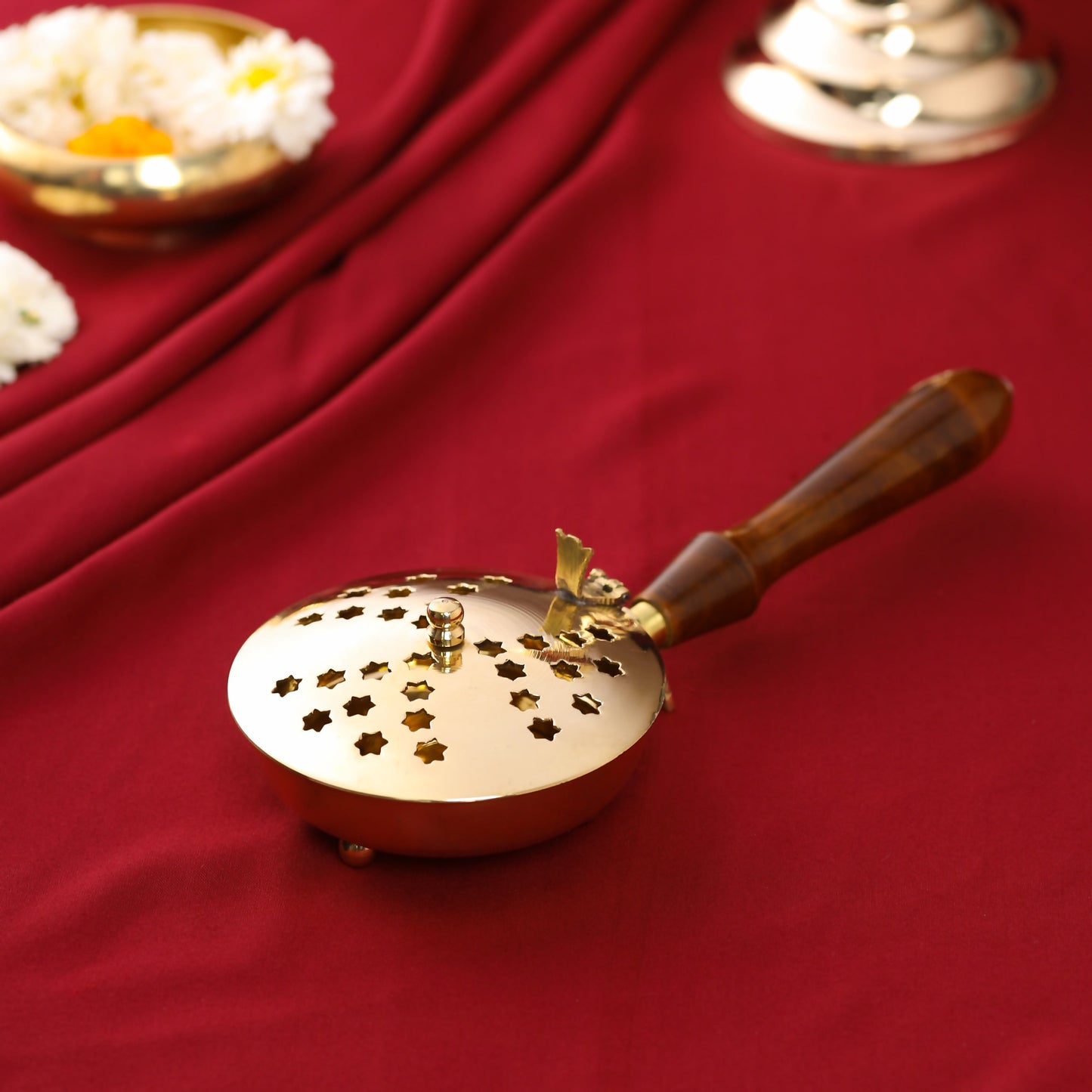 Brass Incense Butler With Wooden Handle (3")