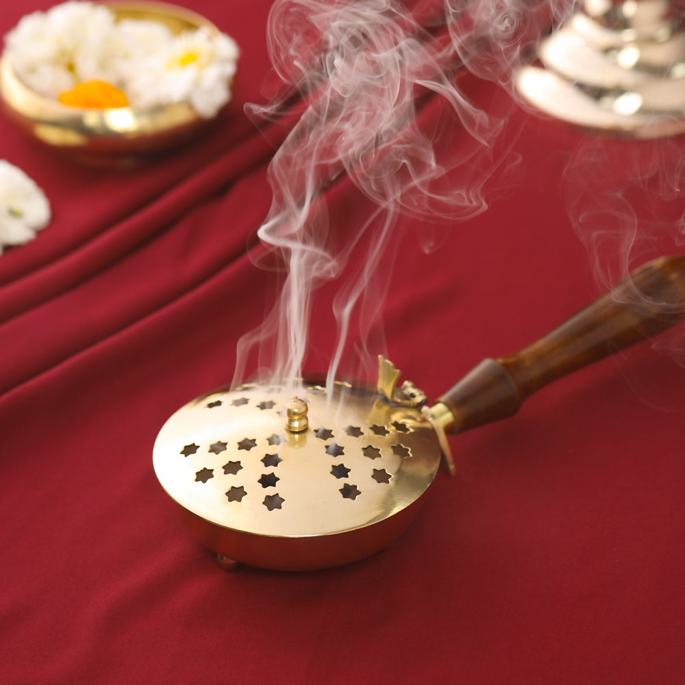 Brass Incense Butler With Wooden Handle (3")