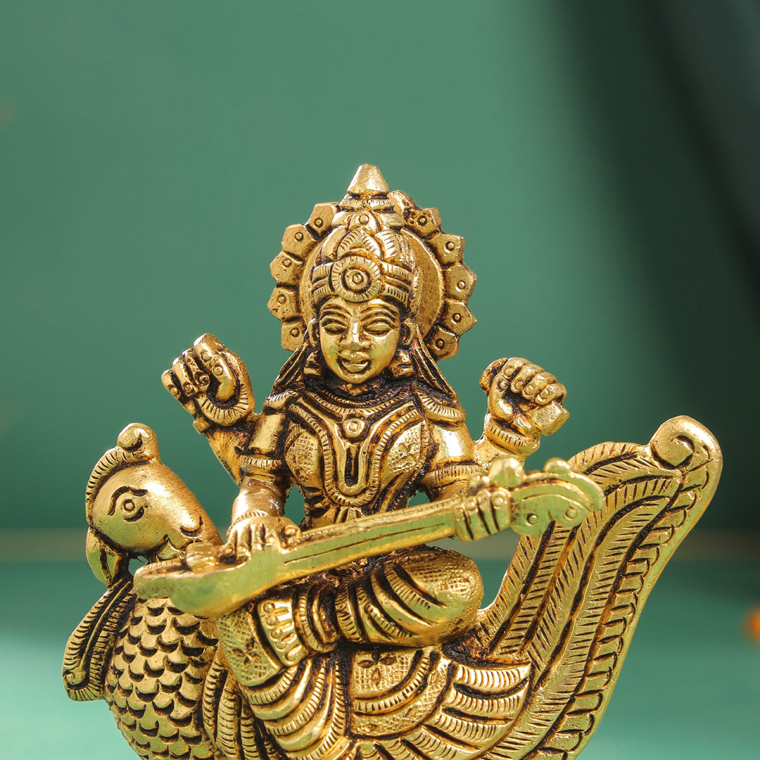 Brass Goddess Saraswati Idol (4.5 Inch)