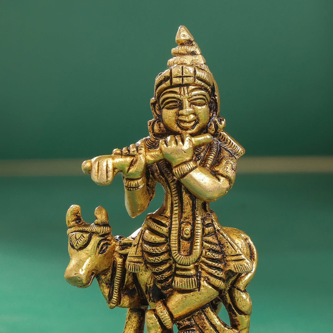 Brass Krishna With Cow Idol (4 Inch)