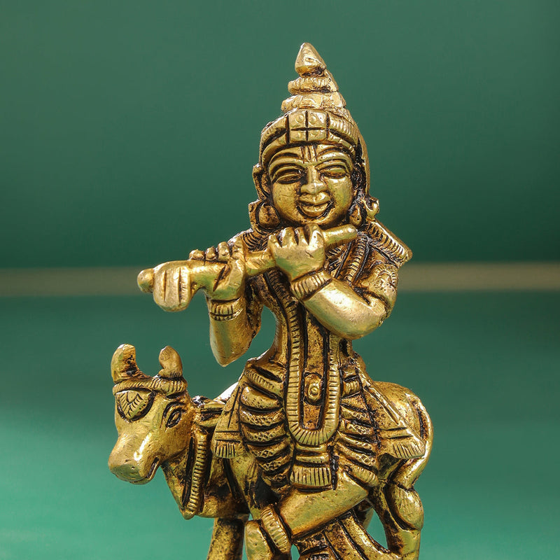 Brass Krishna With Cow Idol (4 Inch)