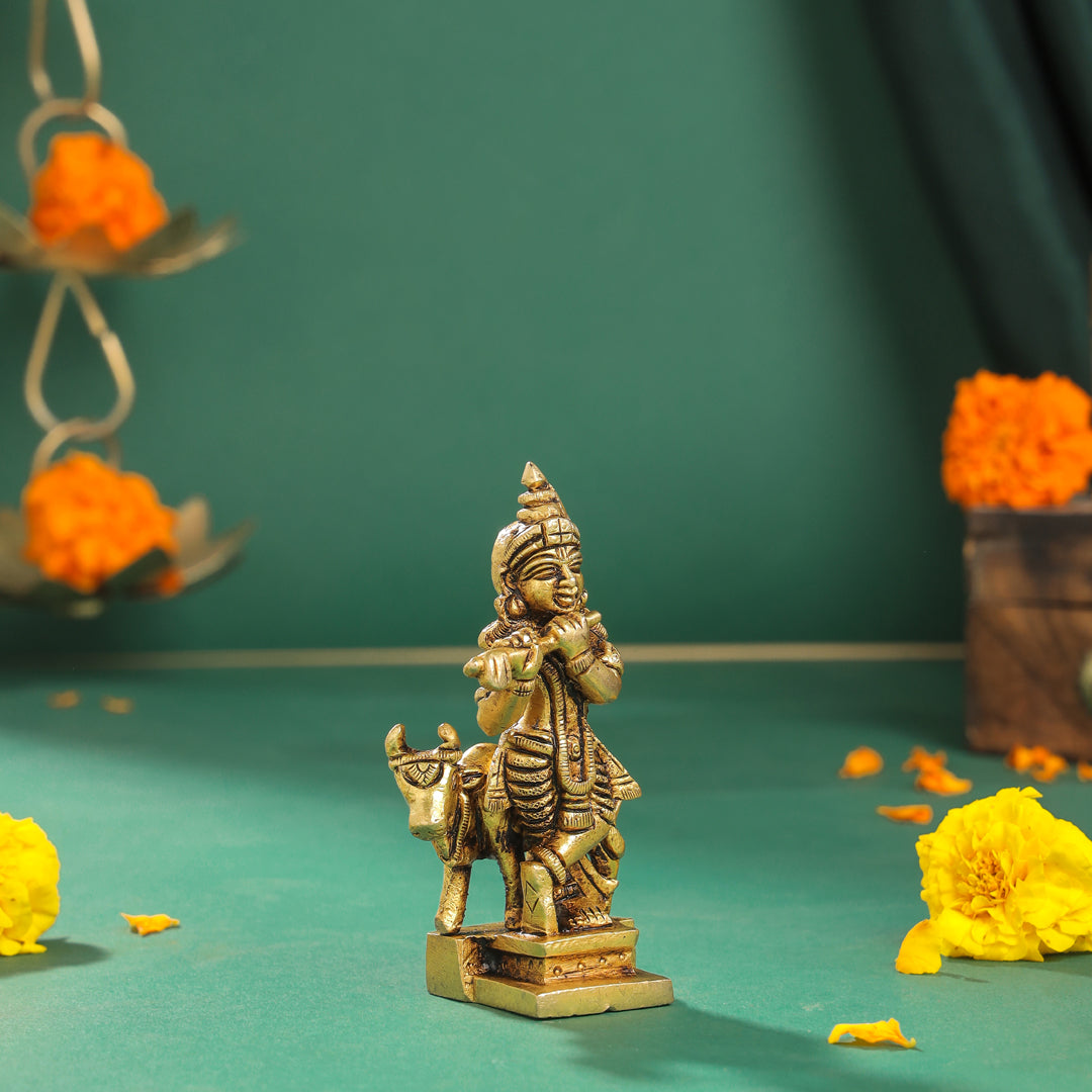 Brass Krishna With Cow Idol (4 Inch)