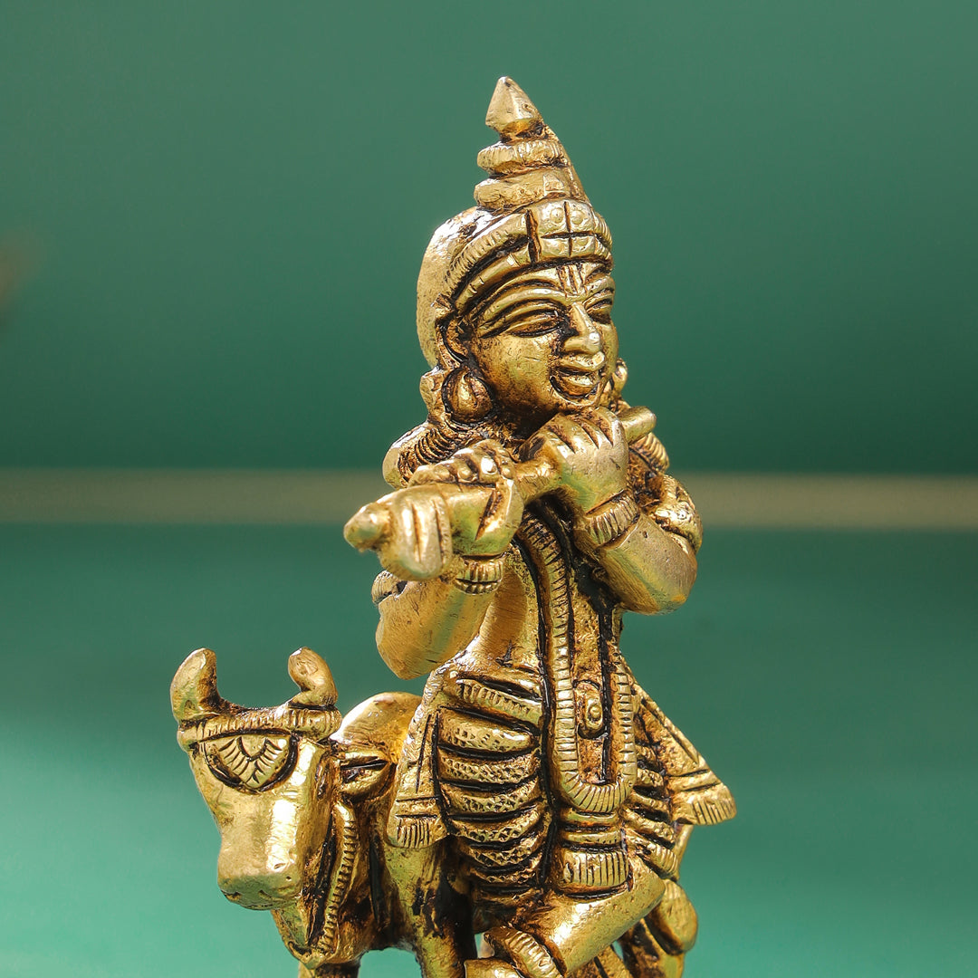Brass Krishna With Cow Idol (4 Inch)