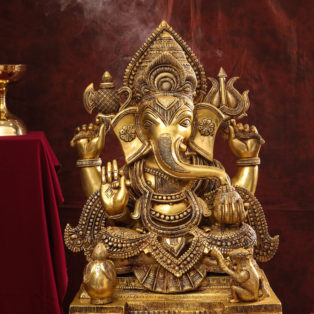 Brass Chowki Ganesha Statue (26 Inch)
