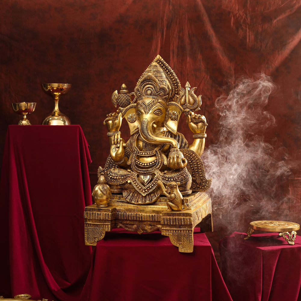 Brass Chowki Ganesha Statue (26 Inch)