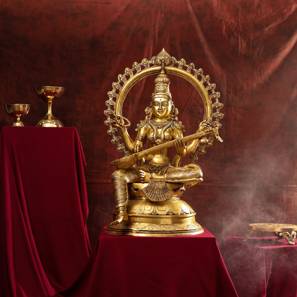 Brass Goddess Frame Saraswati Statue (27 Inch)