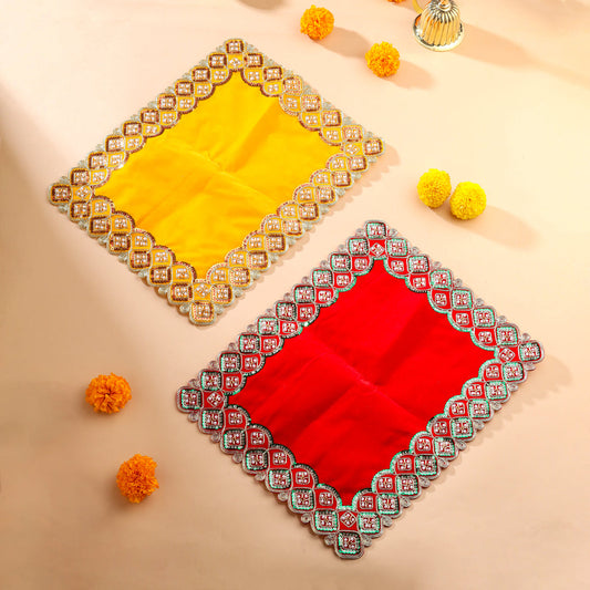 Sequin And Pearl Work Red Velvet God Pooja Asana