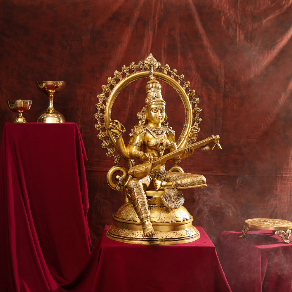 Brass Goddess Frame Saraswati Statue (27 Inch)