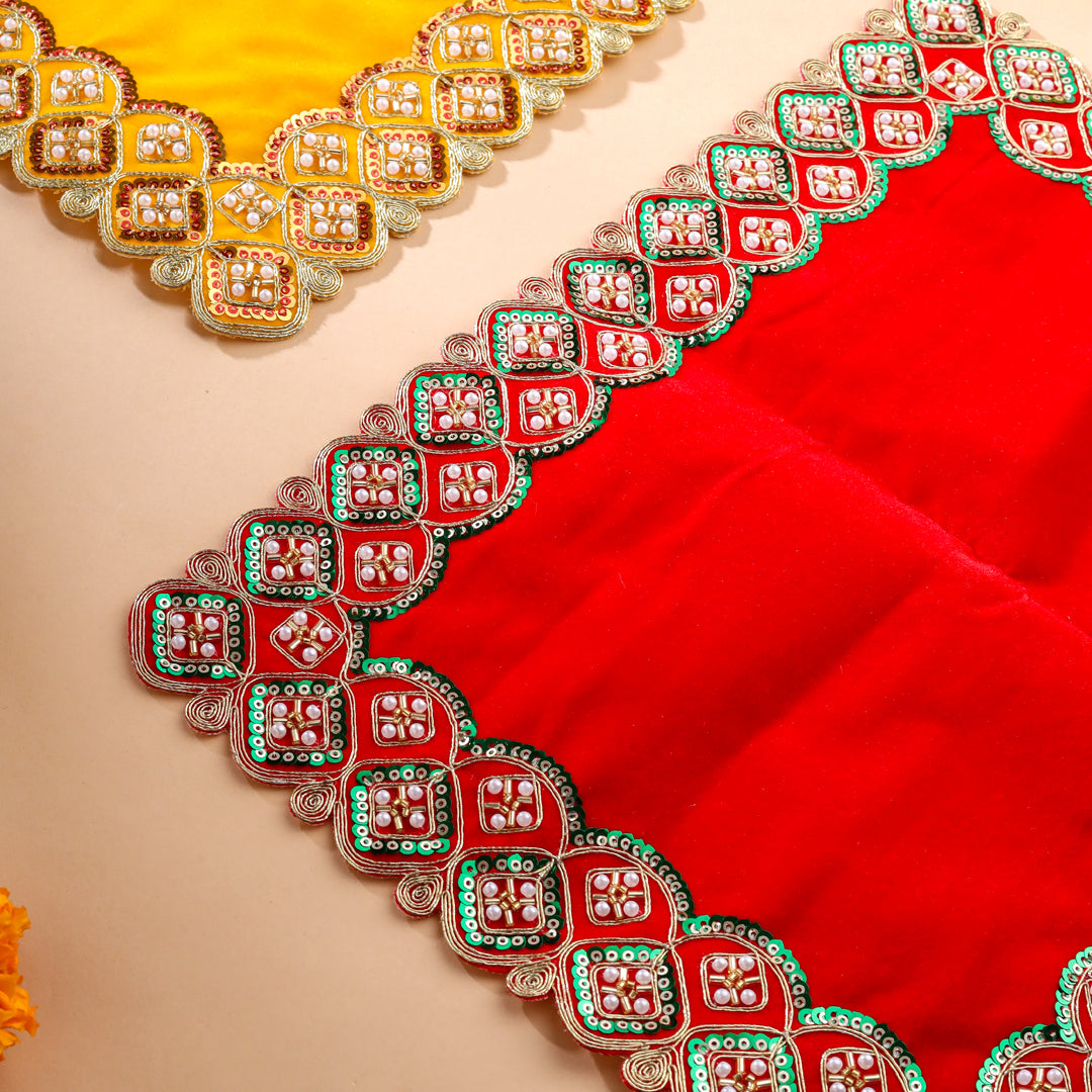 Sequin And Pearl Work Red Velvet God Pooja Asana