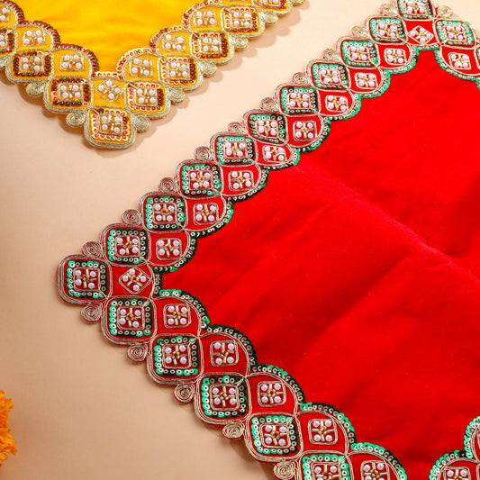Sequin And Pearl Work Red Velvet God Pooja Asana